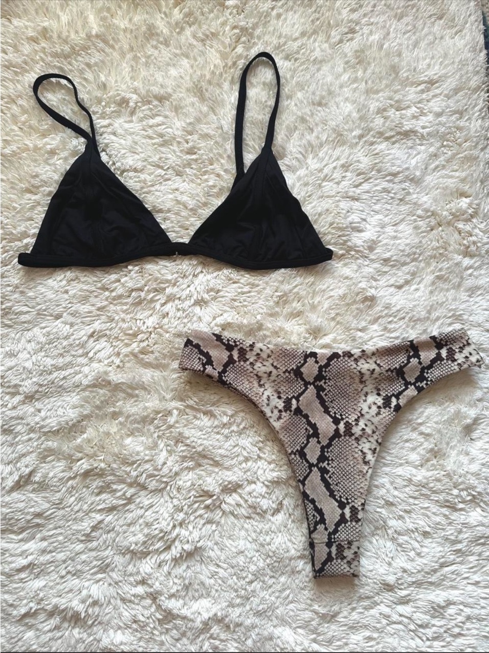 Black Triangle Bikini Top with Snake Print Bottom